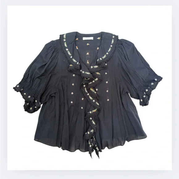 DÔEN Hettie Embroidered Ruffle Organic Cotton Top | Size L - Picture 2 of 8